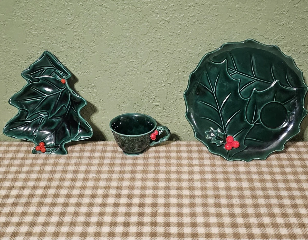 Vintage Lefton Christmas Holly Leaf Cup Plate and Candy Dish