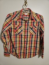 Levi's Men's Red Blue Yellow Plaid Pearl Snap Western Button Long Sleeve Shirt M