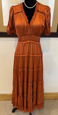 Ulla Johnson New Amber Orange Olivia Pleat Accented Midi Dress Size2 Retail $645