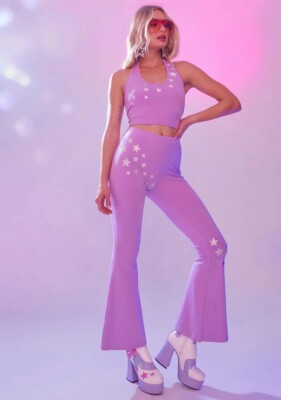   THAT DISCO GLOW HALTER BELLBOTTOMS FLARE SET S NWT DEADSTOCK IN PURPLE PINK 