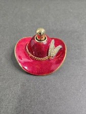 VTG ENAMEL PERFUME BOTTLE RED HAT LADY SOCIETY DESIGN Gold/Red Rhinestone 2" t