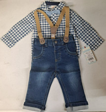 Cat  Jack Baby Boy's 3-piece Plaid Blue 3-6 months with bowtie  suspenders