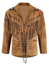 Men Western Cowboy Suede Fringe Jacket Beaded Native American Leather Jacket
