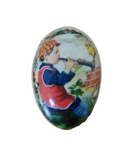 Antique German Paper Mache Easter Egg Candy Container Boy Playing Horn 2.25"