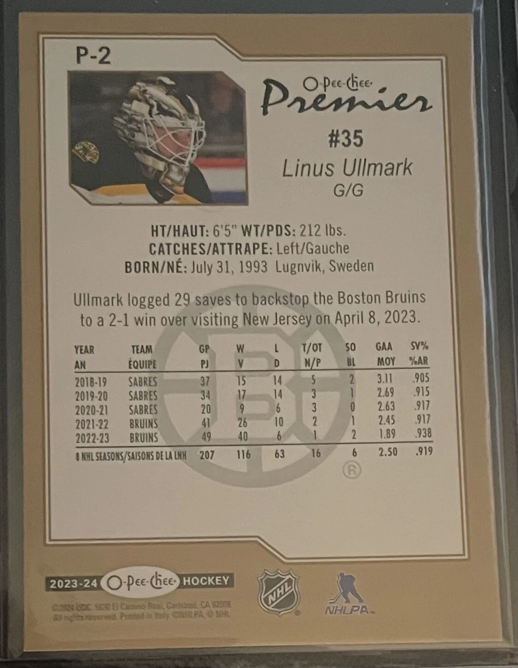2023-24 Upper Deck OPC O-Pee-Chee PREMIER  Linus Ullmark  #P-2 Boston Bruins - Image 2 of 2