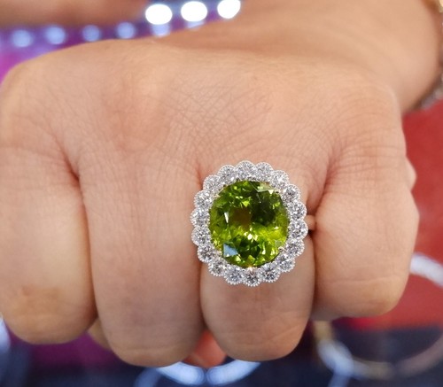 Peridot Diamond F VS 18K Ring Two-Tone Gold AGL Cert 9CTW Fine Premium Quality - Picture 2 of 9