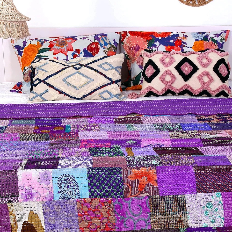 Silk Patola Patchwork Indian Handmade Kantha Quilt Throw Living Room Decor - Image 2 of 4