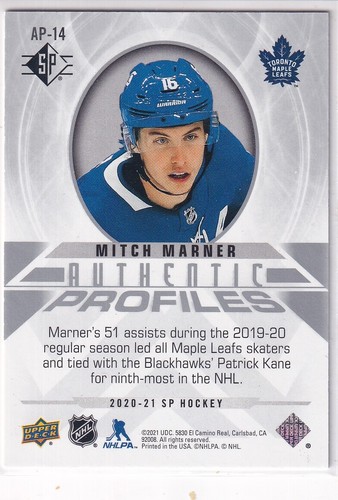 2020-21 SP #AP-14 Mitch Marner Authentic Profiles #/2299 - Picture 2 of 2