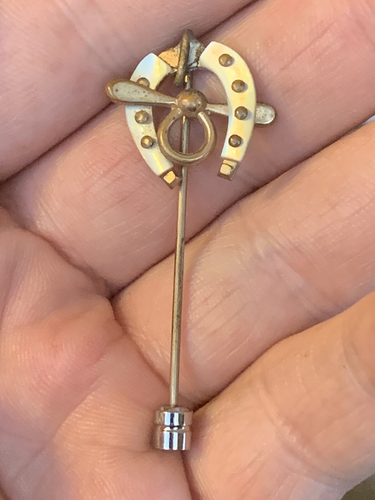 Antique Victorian Horse Shoe Mother Of Pearl Gold Tone Stick Pin 2” Long