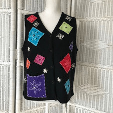 Northern Isles Wool Sweater Vest Women s L Black Patchwork Snowflake Embroider