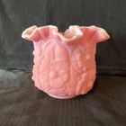 Vtg Fenton Pink Satin Custard Glass Rose Bowl Vase Cottage Chic Raised Flowers