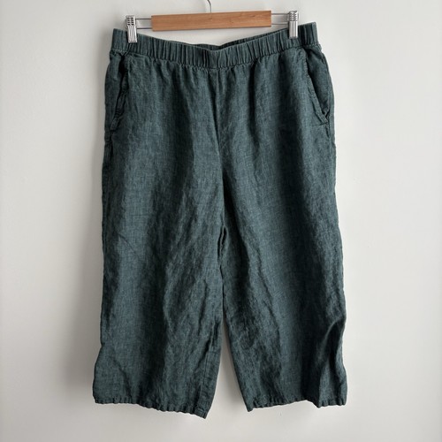 Eileen Fisher Pants Medium Organic Linen Pull On Cropped Wide Leg Green 30x23