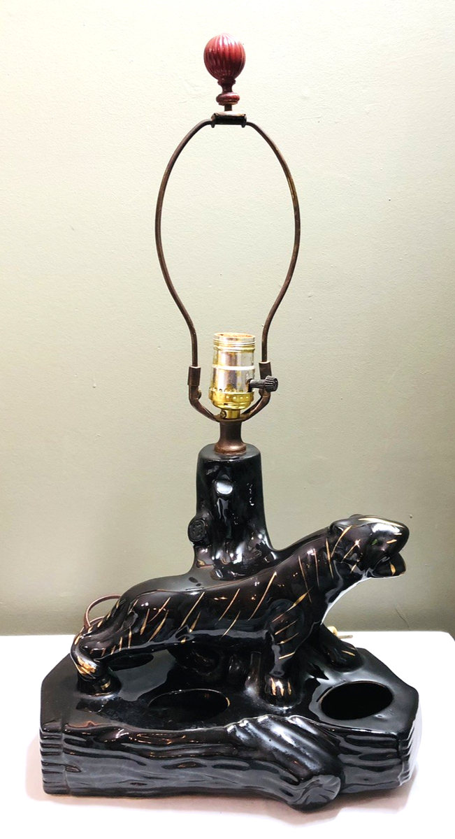 Vintage TV Lamp Black Panther Gold Planter Glazed Ceramic Mid