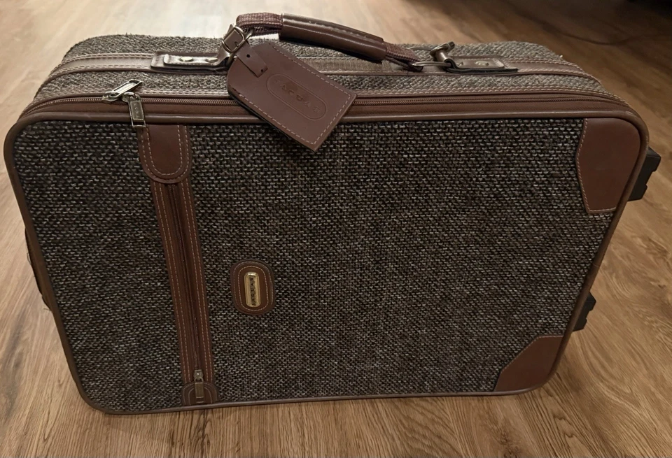 "Maleta de equipaje con ruedas mediana de 20"" Jaguar marrón tweed y cuero años 90 vintage" Foto 3 de 4