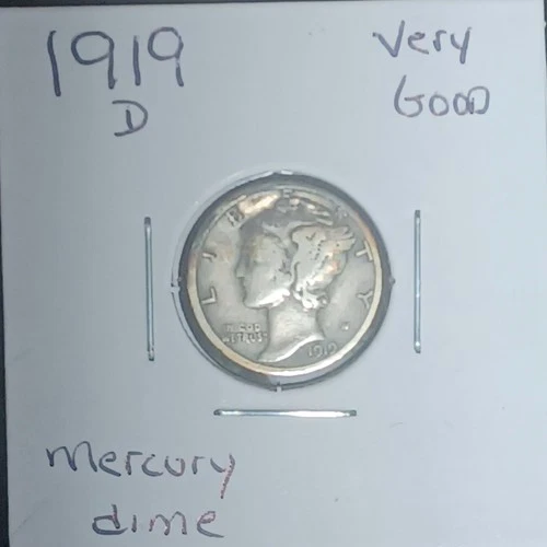 1919-D  90% SILVER  , Mercury Dime , Very Good   KM-140