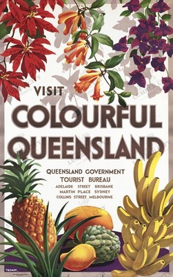 Visit Colourful Queensland Australia Travel Poster c1935 Trompf Wall Art