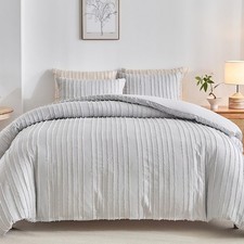 WARMDERN King Boho Duvet Cover Set, Light Grey Striped Microfiber 3pcs Beddin...