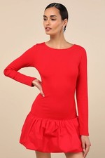 Lulus Ideal Approach Red Long Sleeve Mini Dress Bubble Hem NWT Size L  Ribbed