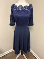 Navy Blue Lace Bodice Swing Style Dress Small 3/4 Sleeve
