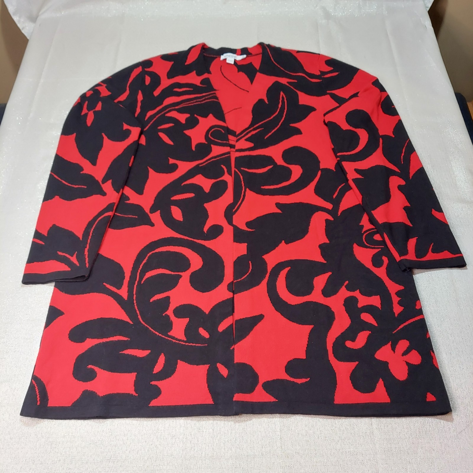 Chico's Women's Open Front Red Scroll Print Cardigan Sweater Size  Large