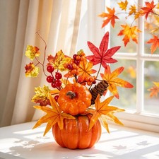 Halloween Maple Leaf  Pumpkin Wreath with Pinecone  Red Berry Fall Harvest Dec