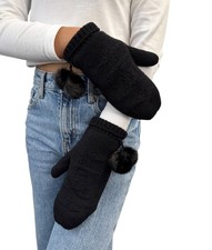 LOUIS VUITTON Vintage Cashmere Knit Gloves Mittens 23cm Mink Pompons Black