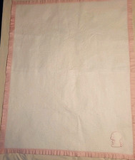 Vintage White Polyester Baby Blanket w/Pink Border, Embroidered Bunny USA 36x45