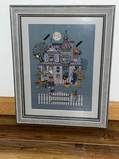 Completed Finished Framed Halloween Cross Stitch Ghost House Bats Pumpkin Art