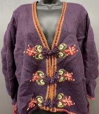 Vtg Herman Geist Wool Sweater M Purple Cardigan Hand Embroidered Toggle Cottage