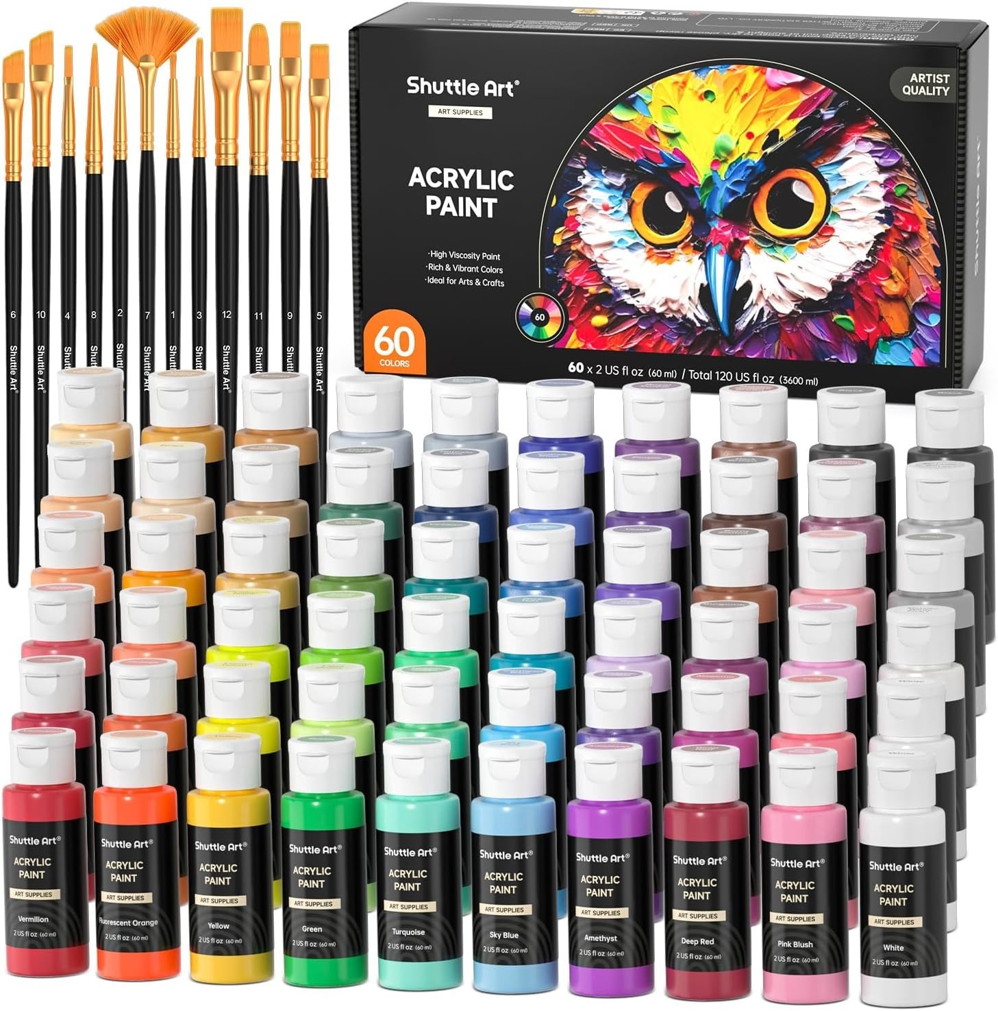 Metallic Acrylic Paint Set, 60 Colors + Brushes