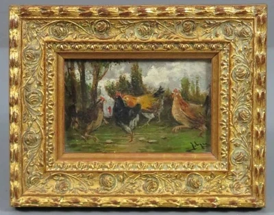 Tableau Ancien Huile Portrait Animalier Poulets Impressionniste début XXème - Photo 1/4