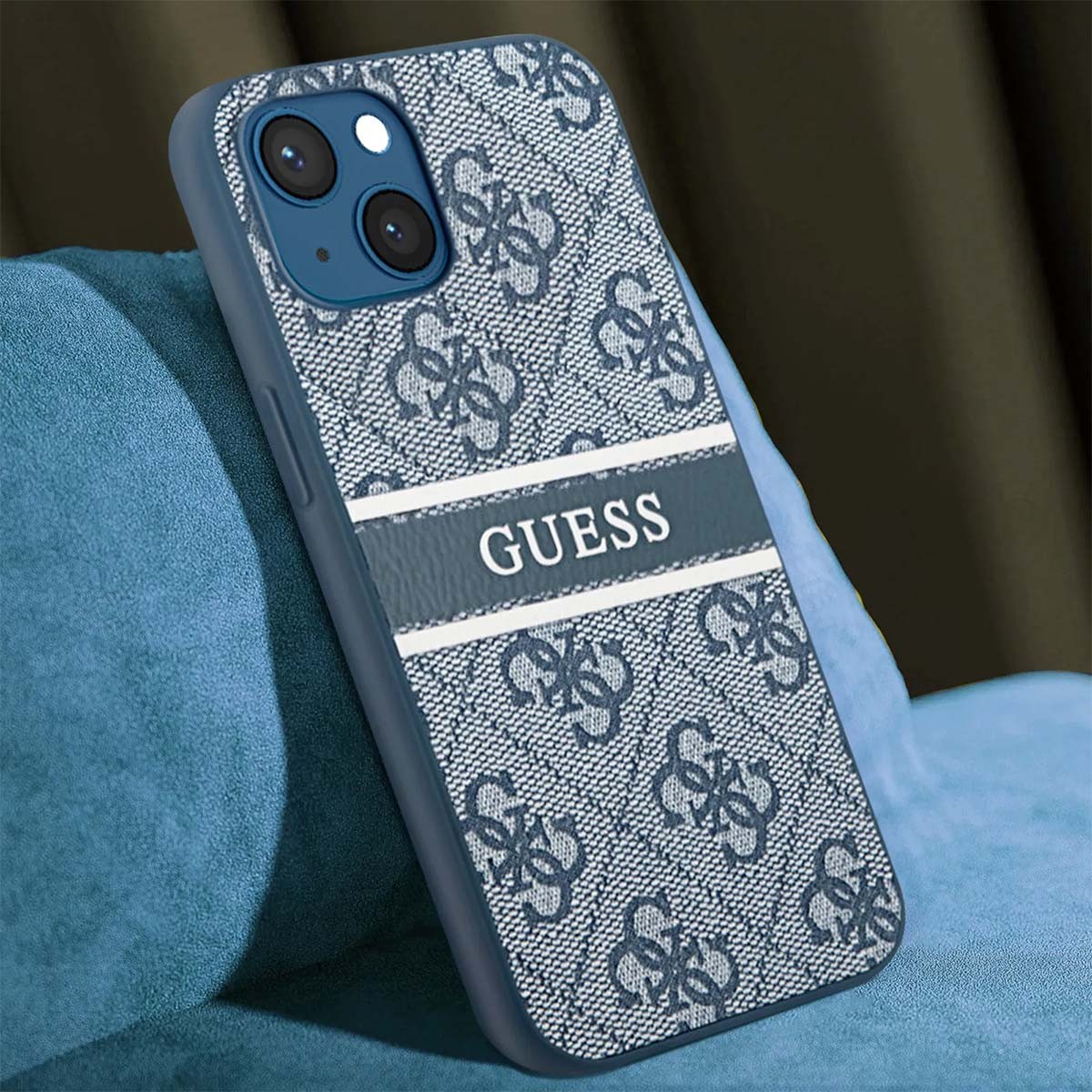Coque iPhone 13 Mini Guess 4G Stripe bleue en silicone chic - 4