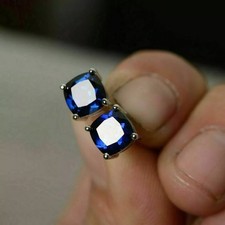 2Ct Cushion Cut Lab Created Blue Sapphire Stud Earrings 14K White Gold Plated