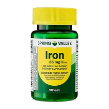 Spring Valley Iron General Wellness Dietary Supplement Tablets, 65 mg, 100 Count