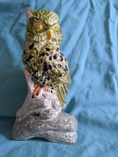 VTG Hand-Painted Ceramic Owl Figurine 10" Green Perched on Tree Retro Decor