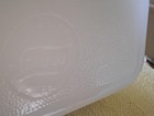 Vintage Glasbake 1.5 Quart White Milk Glass Loaf Pan Brown Gingham Tulips — photo 3
