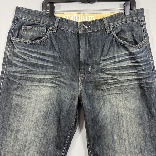 Ecko Unltd Jeans Herren 38x32 blau gerades Bein bestickt Totenkopf Flügel Denim - Bild 4 von 11