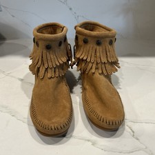 Minnetonka Brown Suede Moccasins, Size 8, with Fringed Booties and Zip Ankle