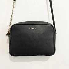 Furla Black Saffiano Leather Camera Crossbody Bag Chain Zipper Top 7x5.5 in