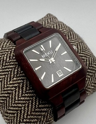 Meku Handmade Wooden Men s Watch Red & Black Wood Quartz Date w/ Box Manual New