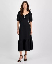 Anne Klein Women's Rhinestone Puff-Sleeve Elegant Midi Dress Deep Black 10