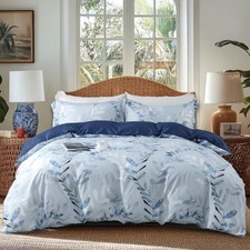 Duvet Cover Queen Size,Reversible Leaf Blue Duvet Cover Set with Zipper Closure,