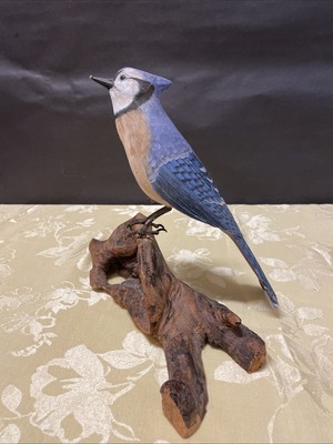 Vintage Carved & Signed Wooden Blue Jay Bird - 8  Tall