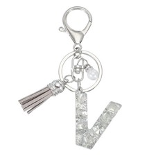 Initial Letter Keychain with Tassel Alphabet Letter V Keyring Silver