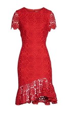 ELIZA J Asymmetric Floral Lace Short-Sleeve High-Low Ruffle Hem Sheath Dress, 14