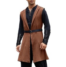 Mens Renaissance Vest Sleeveless Hooded Cotton Polyester Brown XL Pirate