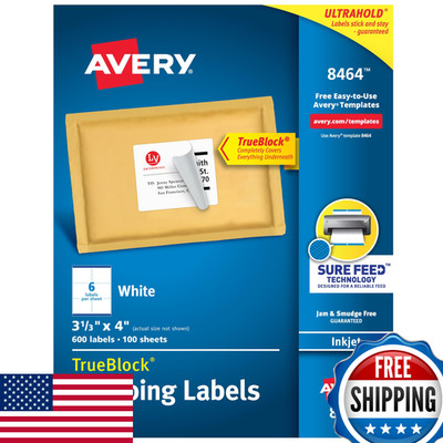 Avery Printable Shipping Labels 3-1/3 x 4 Sure Feed 600 White Mailing, Inkjet/La