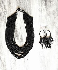 Seed Bead Bohemian Multi- Layered Necklace  Earrings Set Black