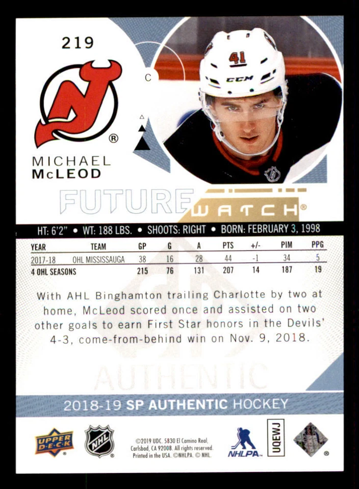 2018-19 SP Authentic #219 Michael McLeod FW RC /999 (ref 239905) - Image 2 of 2