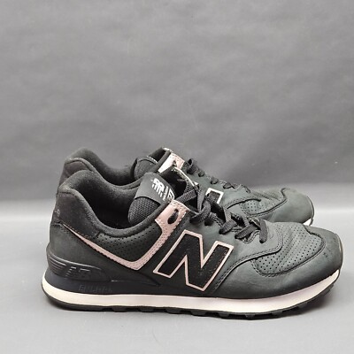 New Balance 574 Womens Shoes Size 9 Black Leather Low Top Retro Sneakers